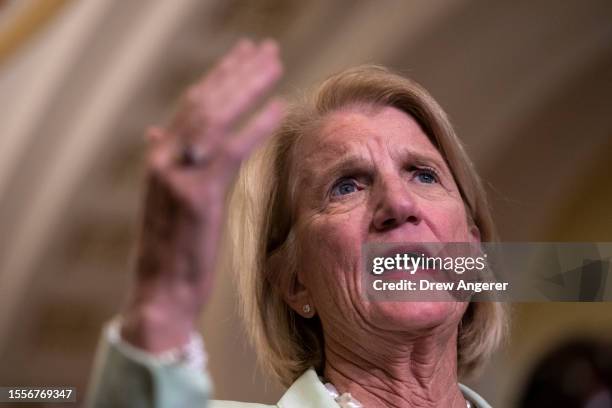 Sen. Shelley Moore Capito speaks during a news conference after a lunch meeting with Senate Republicans U.S. Capitol 26, 2023 in Washington, DC....