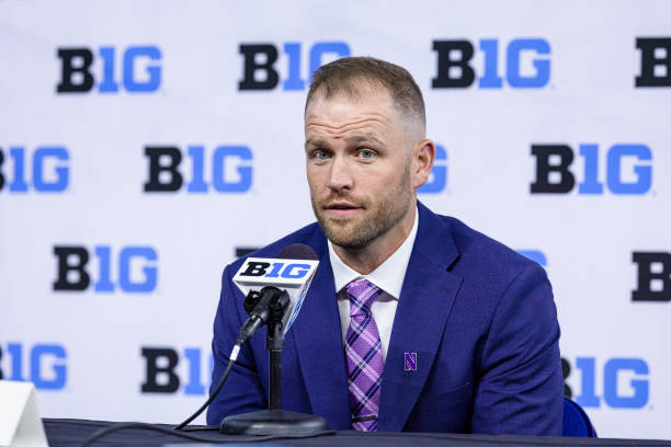 Interim head coach David Braun of the Northwestern Wildcats is seen at Big Ten football media days at Lucas Oil Stadium on July 26, 2023 in...