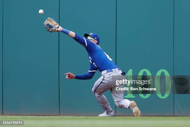 Drew Waters of the Kansas City Royals makes a catch to get out Steven Kwan of the Cleveland Guardians during the seventh inning at Progressive Field...