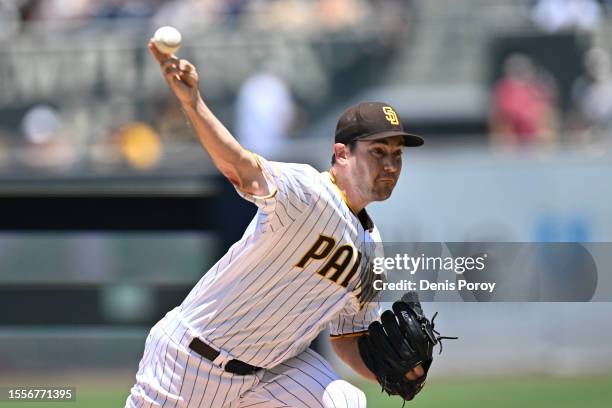 Seth Lugo of the San Diego Padres pitches during the first inning of a baseball game against the Pittsburgh Pirates July 26, 2023 at Petco Park in...