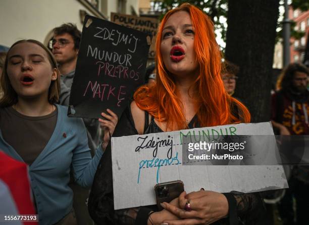 Pro-Choice activists unite in solidarity outside the Krakow IV Police Station during the 'Solidarity with Joanna, You'll Never Walk Alone' protest in...