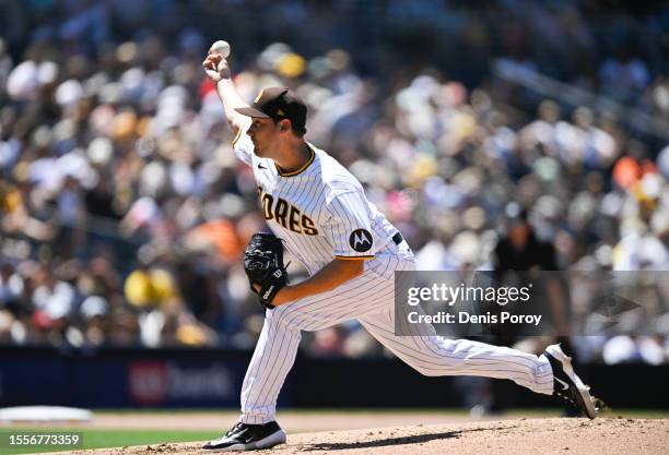 Seth Lugo of the San Diego Padres pitches during the fifth inning of a baseball game against the Pittsburgh Pirates July 26, 2023 at Petco Park in...