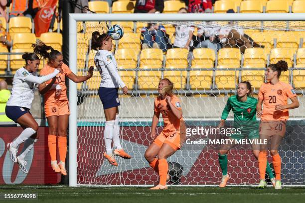 S forward Alex Morgan heads the ball during the Australia and New Zealand 2023 Women's World Cup Group E football match between the United States and...