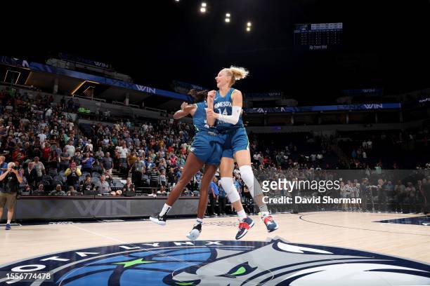 July 26: Diamond Miller and Dorka Juhász of the Minnesota Lynx celebrate after the game against the Washington Mystics on July 26, 2023 at Target...