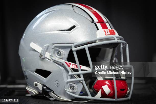 An Ohio State Buckeyes helmet is seen at Big Ten football media days at Lucas Oil Stadium on July 26, 2023 in Indianapolis, Indiana.