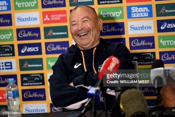 Australia's rugby coach Eddie Jones speaks during a press conference after the team announcement in Melbourne on July 27, 2023. The Wallabies take on...
