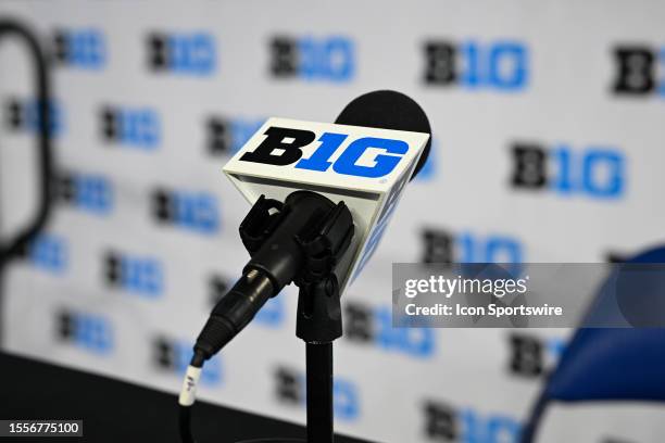 Big Ten microphone during the Big Ten Conference Media Days on July 26, 2023 at Lucas Oil Stadium in Indianapolis, IN