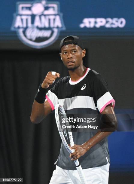 Christopher Eubanks reacts after a shot against Brandon Nakashima during the second round of the ATP Atlanta Open at Atlantic Station on July 26,...