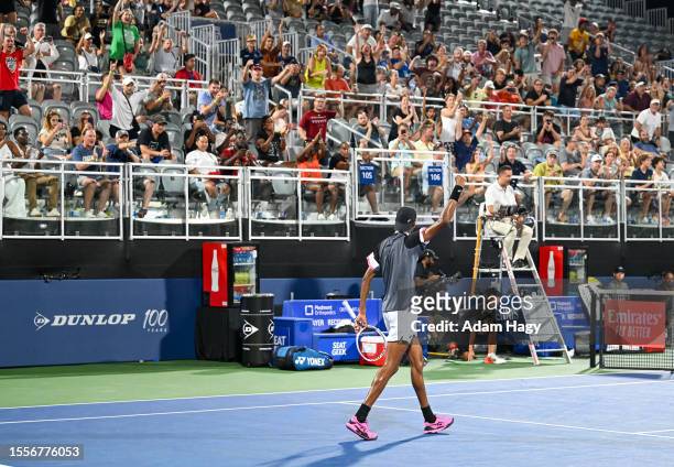 Christopher Eubanks celebrates after defeating Brandon Nakashima in three sets during the second round of the ATP Atlanta Open at Atlantic Station on...