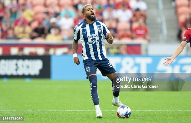 Rodrigo Aguirre of C.F. Monterrey reacts to a call during the first half of their Leagues Cup game against Real Salt Lake at America First Field July...