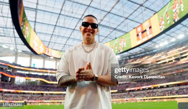 Latin rapper Daddy Yankee attends the pre-season friendly match between Arsenal and Barcelona at SoFi Stadium on July 26, 2023 in Inglewood,...
