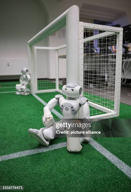 June 2023, Saxony, Leipzig: A Nao robot leans against a goal post in a laboratory at the Leipzig University of Applied Sciences after a training...