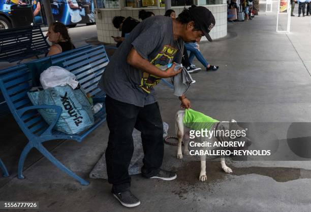 Rubin Munguies gives covers his dog Petey with a wet towel donated by Gator-Aid volunteers at a bus station in Tucson, Arizona on July 26, 2023. The...