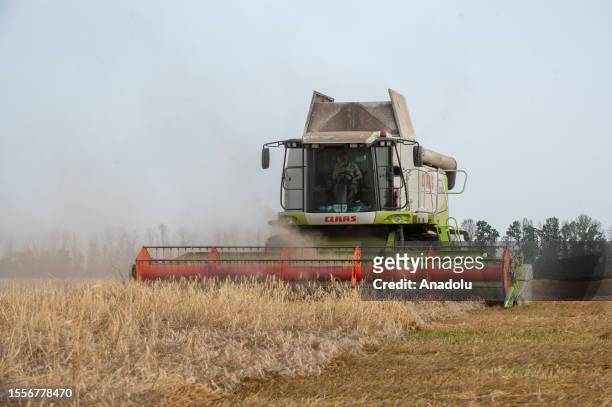 Farming vehicle harvests wheat during the harvesting season in Kharkiv region, Ukraine on July 26, 2023.