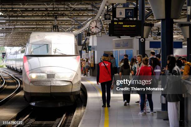 InOui arrives in Brussels-South railway station on July 25 in Brussels, Belgium. TGV INOUI has gradually replaced traditional TGV services from 2020...