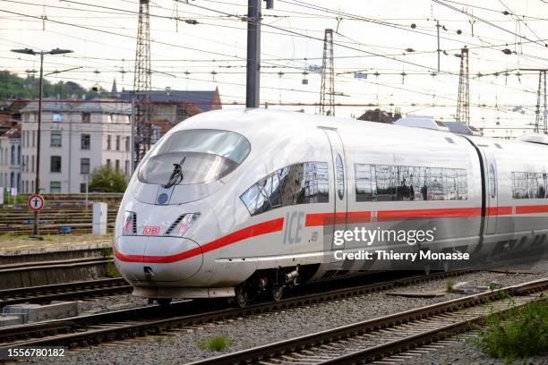 Deutsche Bahn ICE leaves Brussels-South railway station on July 25 in Brussels, Belgium. ICE trains are reversible self-propelled trainsets; their...