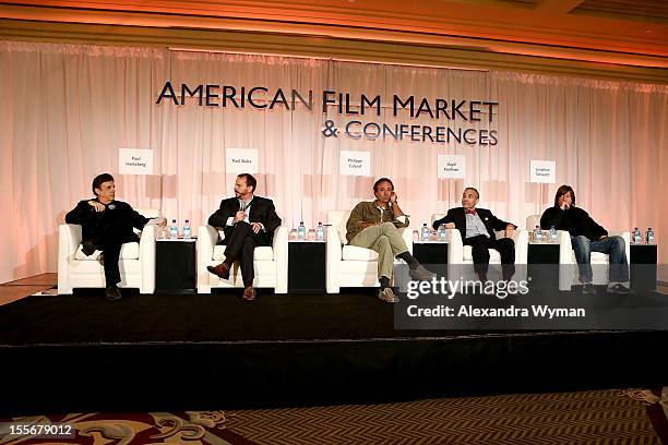 Producers Paul Hertzberg, Paul Bales, Philippe Caland, Lloyd Kaufman and Jonathan Schwartz on stage at the Micro-Budget Marketplace: It's a Business!...