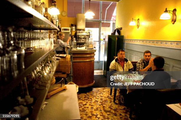 Photo taken at a "bouchon" restaurant, 07 November 2006 in Lyon, southern France. The name of the typical Lyonnais eating establishments called...