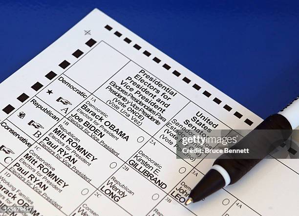 Ballot sits on a table at the Old Bethpage Grade School polling location on November 6, 2012 in Old Bethpage, New York. Many voters in New York and...