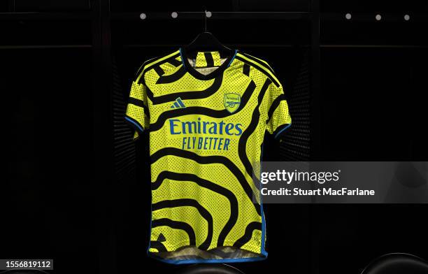 The kit of Arsenal is displayed in the Arsenal dressing room prior to the MLS All-Star Game between Arsenal FC and MLS All-Stars at Audi Field on...