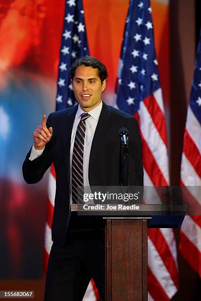 Craig Romney, son of Republican presidential candidate, Mitt Romney, speaks to the crowd during Mitt Romney's campaign election night event at the...