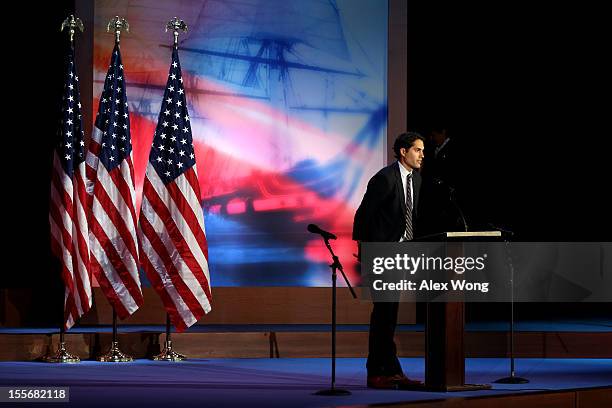 Craig Romney, son of Republican presidential candidate, Mitt Romney, speaks to the crowd during Mitt Romney's campaign election night event at the...