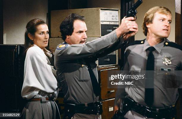 Bald Ambition" Episode 704 -- Pictured: Veronica Hamel as Joyce Davenport, Howard Schecter as First Bailiff, Steven Barr as Second Bailif --