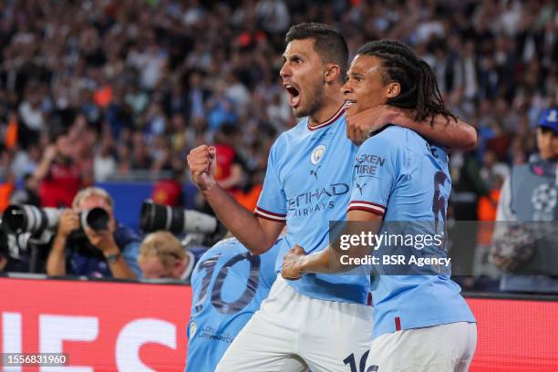 Rodrigo of Manchester City, Nathan Ake of Manchester City celebrating the goal during the UEFA Champions League Final match between Manchester City...