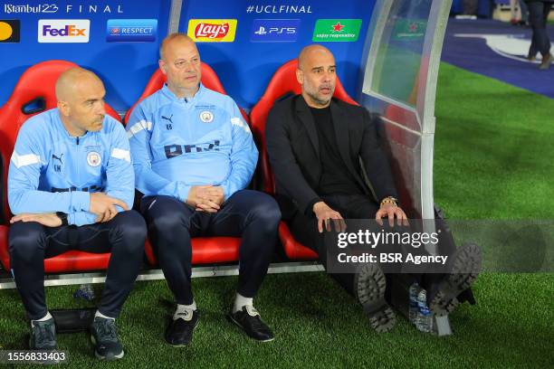 First Team Coach Enzo Maresca, assistant manager Rodolfo Borrell, Manager Josep Pep Guardiola of Manchester City during the UEFA Champions League...