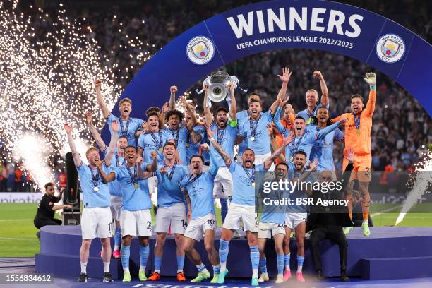 Players celebrating the win during the UEFA Champions League Final match between Manchester City FC and FC Internazionale Milano at Ataturk Olympic...