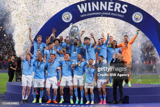 Players celebrating the win during the UEFA Champions League Final match between Manchester City FC and FC Internazionale Milano at Ataturk Olympic...