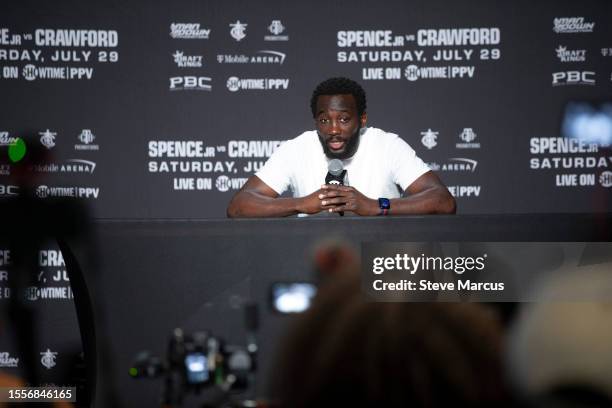 Undefeated WBO welterweight champion Terence Crawford responds to a question from a reporter before a media workout at UFC APEX on July 19, 2023 in...