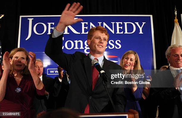 Winner of the 4th congressional district race Joseph Kennedy III at the podium during his rally at the Newton Marriott. Mother Sheila Rauch, at left,...