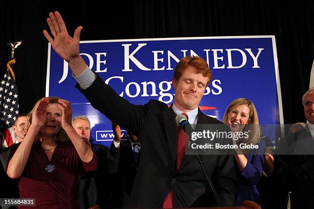 Winner of the 4th congressional district race Joseph Kennedy III at the podium during his rally at the Newton Marriott. Mother Sheila Rauch, at left,...