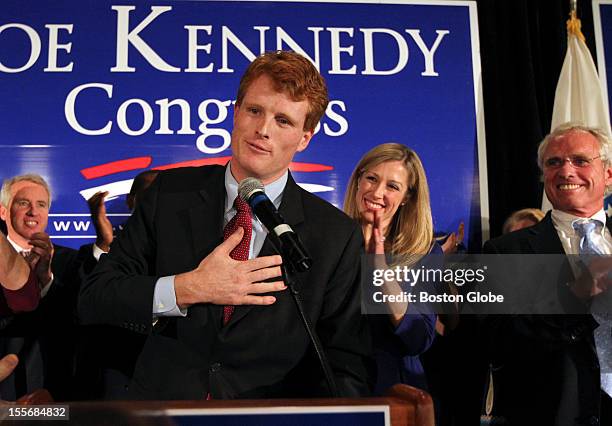 Winner of the 4th congressional district race Joseph Kennedy III at the podium during his rally at the Newton Marriott. Mother Sheila Rauch, at left,...