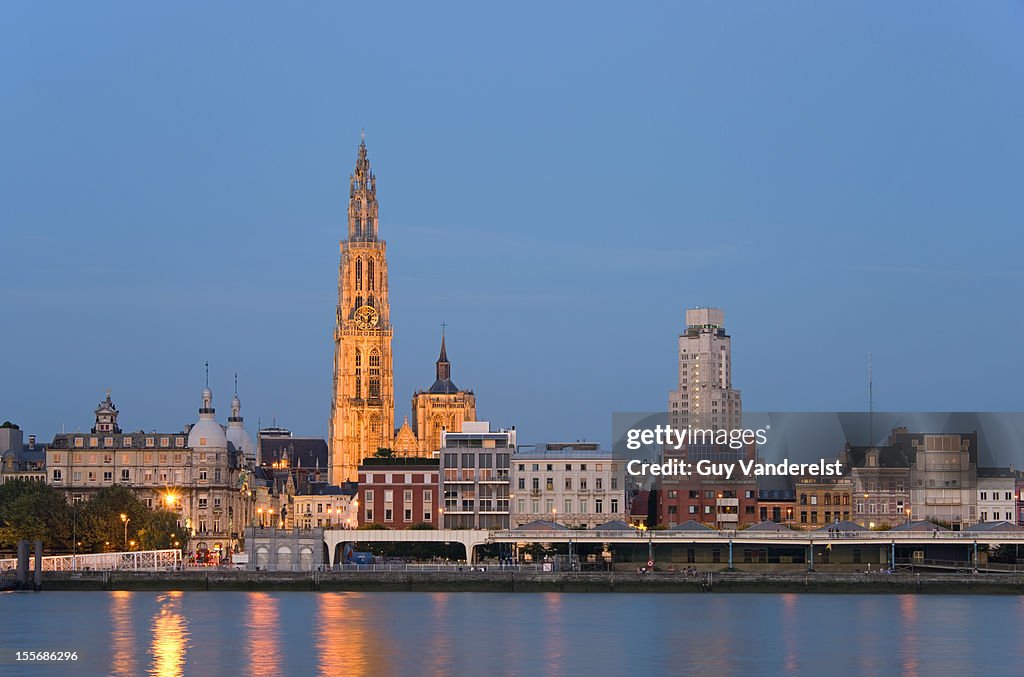 Antwerp skyline and cathedral at dusk