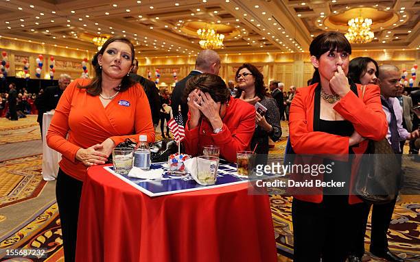 Romney supporters Cecilia Aldana, Julie Hereford and Irma Aguirre reacts after hearing that President Barack Obama was declared the winner at an...