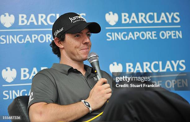 Rory McIlroy of Northern Ireland talks with the media during his press conference prior to the start of the Barclays Singapore Open at the Sentosa...