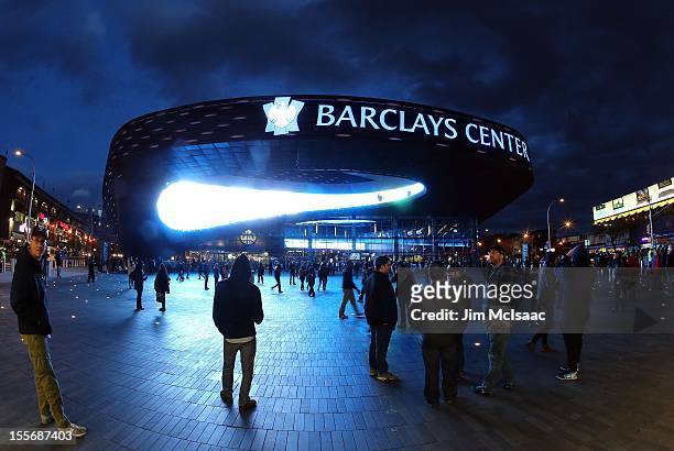 General exterior view of the fans arriving for a game between the Brooklyn Nets and the Toronto Raptors at the Barclays Center on November 3, 2012 in...