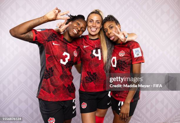 Kadeisha Buchanan, Shelina Zadorsky and Ashley Lawrence of Canada pose during the official FIFA Women's World Cup Australia & New Zealand 2023...