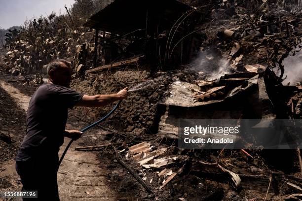 Man tries to put out the fire by himself in Cardeto, Reggio Calabria, Italy on July 25, 2023.