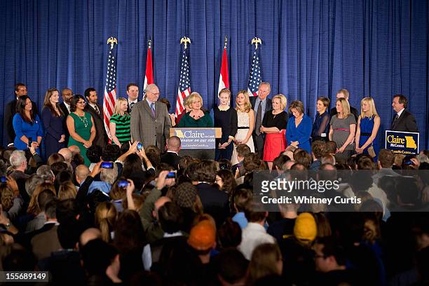 Sen. Claire McCaskill is surrounded by family members as she speaks to supporters during an election night party November 6, 2012 in St. Louis,...