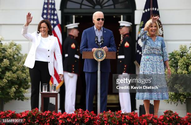 President Joe Biden delivers remarks alongside first lady Jill Biden and Vice President Kamala Harris at the Congressional Picnic on the South Lawn...