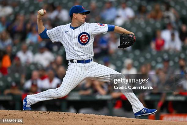 Kyle Hendricks of the Chicago Cubs pitches in the first inning against the Washington Nationals at Wrigley Field on July 19, 2023 in Chicago,...