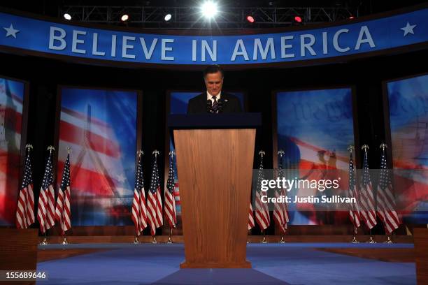 Republican presidential candidate, Mitt Romney, speaks at the podium as he concedes the presidency during Mitt Romney's campaign election night event...