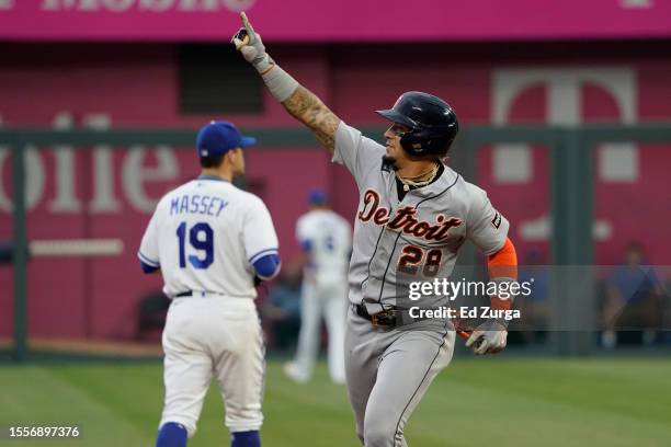 Javier Baez of the Detroit Tigers celebrates a home run in the second inning against the Kansas City Royals at Kauffman Stadium on July 19, 2023 in...