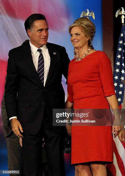 Republican presidential candidate, Mitt Romney, wife, Ann Romney, share a moment in stage after conceding the presidency during Mitt Romney's...