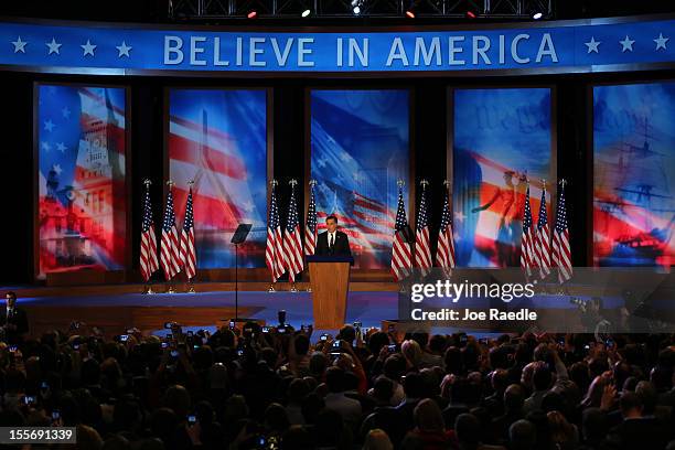 Republican presidential candidate, Mitt Romney, speaks at the podium as he concedes the presidency during Mitt Romney's campaign election night event...