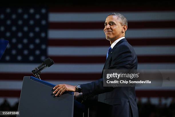 President Barack Obama delivers his victory speech after being reelected for a second term at McCormick Place November 6, 2012 in Chicago, Illinois....