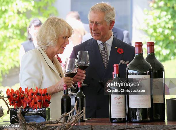 Prince Charles, Prince of Wales and Camilla, Duchess of Cornwall taste wine at the Penfolds Magill State Winery on November 7, 2012 in Adelaide,...